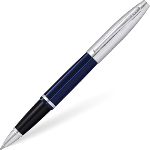Image of Cross Calais Chrome & Blue Refillable Rollerball Pen - Medium Point, Black Ink, Smooth Writing, Presented in a Luxury Gift Box