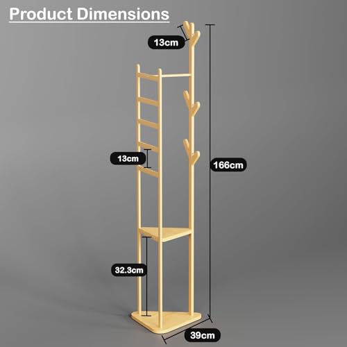 Image of Lukzer Triangular Coat Rack | Multifunctional Bamboo Wooden Coat & Garment Stand with 2 Shelves | Aesthetic Floor Corner Hanger | 6 Hooks for Hanging Coats, Jackets, Hats & Shoes (39x39x166 cm) CH-035