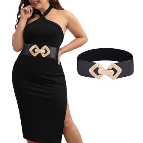 Ursumy Women Wide Elastic Waist Belt Fashion Square Gold Buckle Belts for Dresses Vintage Stretchy Ladies Belt
