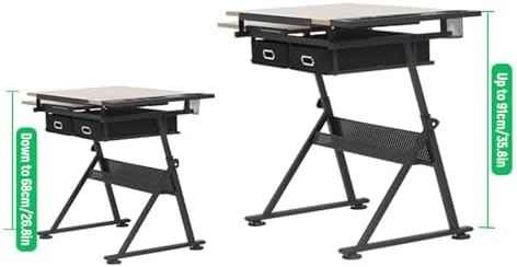 Drawing Tilting Tablet,Adjustable Drafting Table & Stool Set w/Stool and 2 Storage Drawers, 80° Tiltable Tabletop MDF Versatile Art Desk for Home Office, Art Studio, or Craft Room, Wood