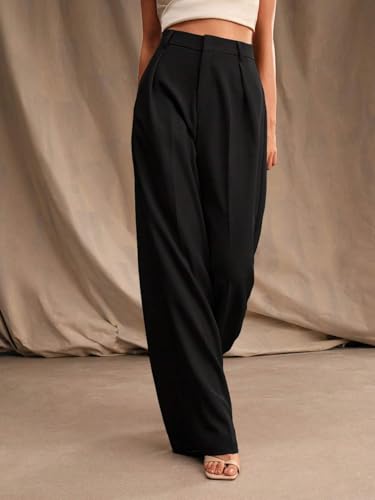 Image of KOTTY Women's High Waist Wide Leg Trousers | Solid Relaxed Fit Pants for Office, Casual Soft Flowing Polyester Blend Pants for Women