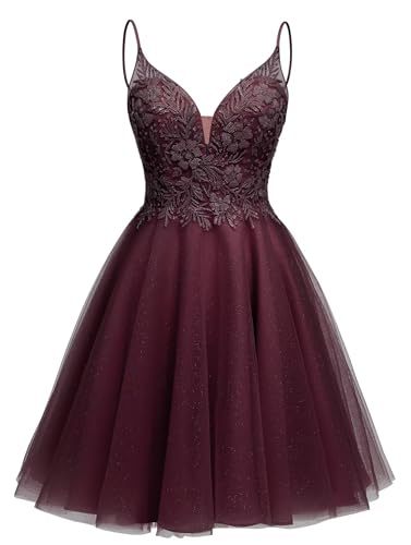Image of Sparkly Tulle Homecoming Dresses Short Lace Prom Dresses for Teens V Neck Beaded Cocktail Dresses