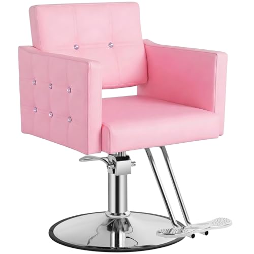 Pink Salon Chair for Hair Stylist Barber Hair Salon Styling Chair Stylist Chairs with Hydraulic Pump 360 Degrees Swivel High-Density Foam & PU Leather for Beauty Braiding Chairs Light Pink