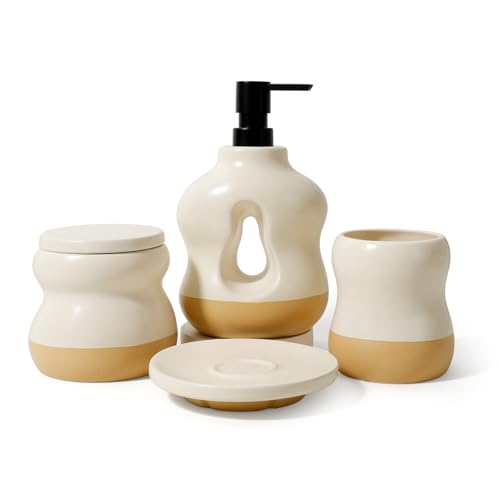BosilunLife Bathroom Accessories Set of 4 - Beige Bathroom Countet Soap Set Bathroom Decor Bathroom Lotion Soap Dispenser Sets Toothbrush Holder, Soap Dish, Apothecary Jar (Beige with Sand B