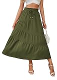 Toplop Skirt Damen Lang Strandrock Elastische Taille Tiered Maxi Sommerrock Kordelzug Freizeitrock Röcke Long Strandrock mit Taschen Armeegrün L