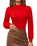 MANGOPOP Mock Neck Puff Sleeve Bodysuit Turtleneck Loose Lantern Long Sleeve Body Suit for Women for Going Out, Red, Medium