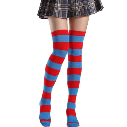 Image of Dzrige Patriotic Socks 4th of July Stockings Over Knee Thigh High Socks Red and Blue Long Striped Socks for Women and Girls