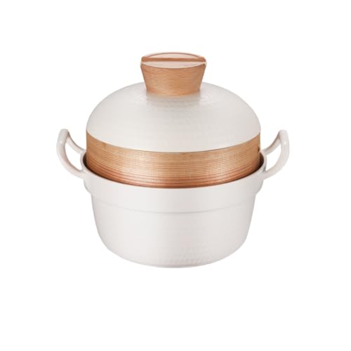 Deronder 両手鍋 ラーメン鍋 手入れ簡単 煮物 カレー シチュー 蓋付 小さめ 軽量 ガスコンロ 長持ち IH対応 1~2人用 (白い鍋 + 蒸し器)