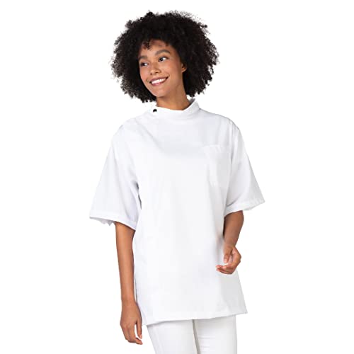 Betty Dain Classic Barber Jacket, Barber Design, Band Collar, Shoulder Snaps, Single Chest Pocket, Concealed Side Zipper Closure, Soft Cotton/Polyester Blend, Machine Washable, White, Medium/Large