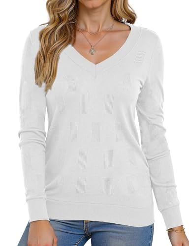 Image of Buauty Womens Fashion V Neck Long Sleeve Knitted Ribbed Pullover Sweaters Casual Lightweight Loose Fit Jumper Tops
