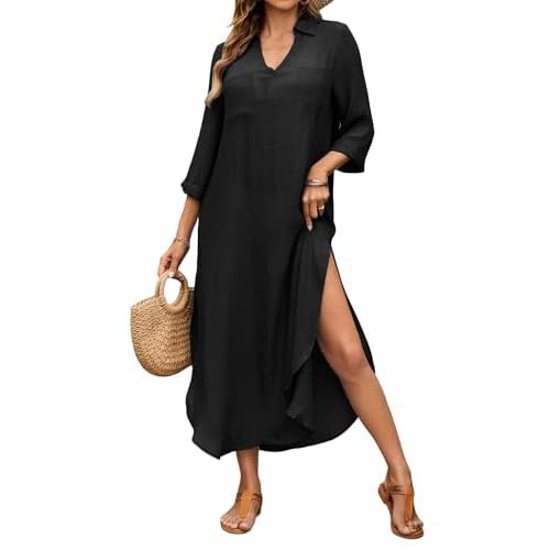 Bsubseach Womens Bathing Suit Cover Up V Neck Long Swimsuit Cover Up Beach Shirt Dress Swimwear with Pockets Black Medium