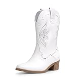 DREAM PAIRS Kids Cowgirl Cowboy Western Boots Girls Mid Calf Riding Shoes Little Kid/Big Kid,Size 3 Big Kid,White,SDBO2417K