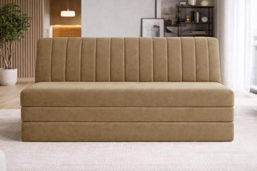 Image of 3-Seater Floor Sofa Cum Bed Modern Velvet Fabric Folding Couch for Living Room, Guest Room & Small Spaces-Golden
