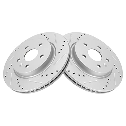 Image of TRQ Performance Rear Ceramic Brake Pad and Rotor Set Drilled Slotted Coated Compatible with 17-19 Chevrolet Camaro Brake Code JL9 RPO Code J55 Heavy Duty Brakes without Brembo Package