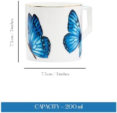GOLDEN QUEEN'S Tea Cups Set of 6 | Ideal for Everyday Tea and Coffee, Enhancing Your Daily Rituals | Handcrafted & 24K Gold on Rim - Blue Monarch Butterfly