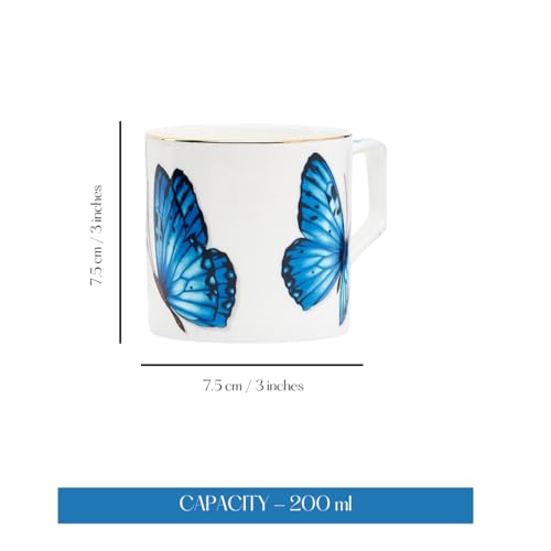 GOLDEN QUEEN'S Tea Cups Set of 6 | Ideal for Everyday Tea and Coffee, Enhancing Your Daily Rituals | Handcrafted & 24K Gold on Rim - Blue Monarch Butterfly
