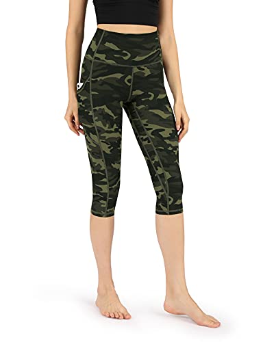 ODODOS Women s High Waisted Printed Yoga Capris with Pocket, Tummy Control Non See Through Workout Sports Running Athletic Capri Leggings, Plus Size, Green Camo, XXX-Large