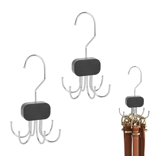 2 Pcs Belt Hanger for Wardrobe, 360° Swivel Belt Organizer with 6 Hooks, Space-Saving Closet Accessory for Belts, Ties, Scarves, Gloves and Hats, Durable Metal & Wood Design (Black)