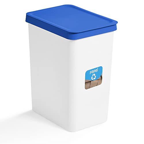USE FAMILY Papelera Reciclaje Papel y Cartón 28L Tapa Azul, Recycle. Cubo Blanco con Pegatina de...