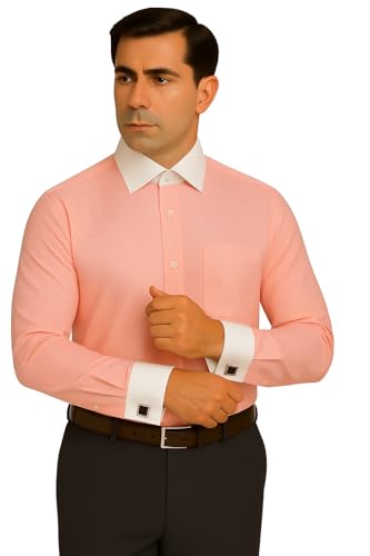Image of Men's Premium Cotton Formal Dress Shirt - White Collar & French Cuffs with Cufflinks | Solid White, Micro Check & Striped for Office, Wedding