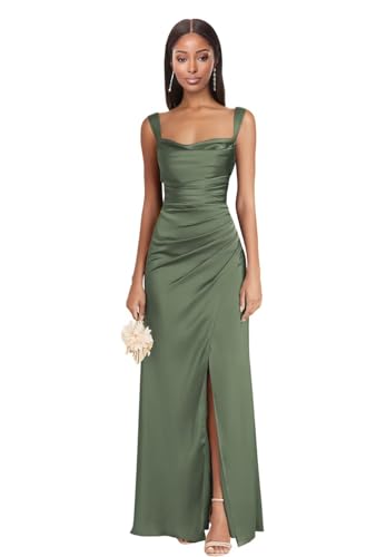 Dessiny Square Neck Satin Bridesmaid Dresses for Women with Slit Spaghetti Straps Pleated Maxi Formal Evening Dress DE236