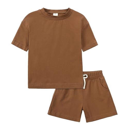Image of KISBINI Toddler Kids Plain Short Sleeve T-Shirt and Shorts Set Unisex Cotton Summer Outfit Clothes for Little Boys or Girls