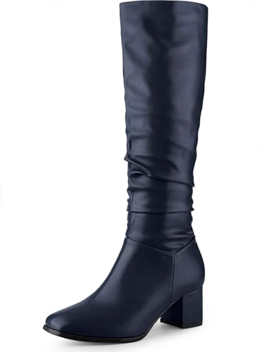 Perphy Thigh High Dress Boots Square Toe Chunky Heel Navy Blue Slouch Knee Highs Boots for Women 9 M US