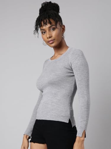Image of SHOWOFFFF Women Solid Fitted Casual Top | Round Neck Full Sleeves Knitted Top's for Womens | Regular Fit Midi Tops for Women's