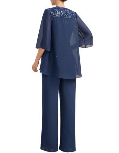 Women's 3 Pcs Mother of The Bride Pantsuits with Jacket Lace Applique Formal Pant Suit with Sleeves3