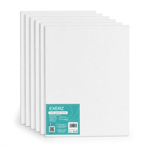 Exerz 30x40cm Panneaux de Toile 6pcs A3, 3mm Cartons entoilés, Toile à Peindre - 280GSM, 100% Coton, Blanche, Triple apprêt/Sans Acide/Grain Moyen - Huile Gouache...