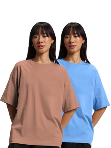 Image of JUNEBERRY Pure Cotton Drop Shoulder Oversized Baggy Fit Half Sleeve Plain Solid Round Neck Multicolor T-Shirt for Women & Girls (Pack of 2) (Sizes S-2XL)