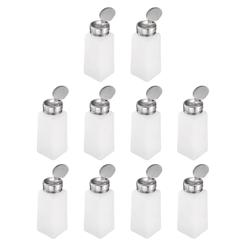sourcing map 10pcs Solvent Alcohol Dispenser 250ml(8.5oz) Nail Polish Remover Push Down Liquid Dispenser Pump Bottle with Stainless Steel Press Head for Acetone Solution, White