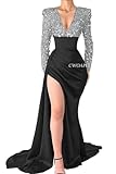CWOAPO Simple Satin V Neck Prom Dresses Long with Slit Long Sleeve Sequin Formal Gowns and Evening Dresses Mermaid Bodycon Birthday Dresses for Women Sexy Silver Black US14