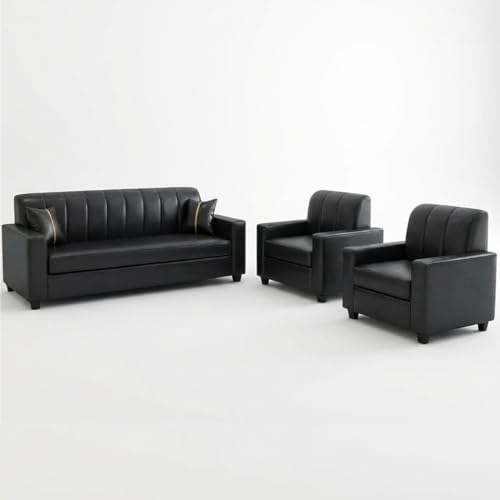Image of FURNY Cosmos 5 Seater Leatherette 3+1+1 Sofa Set (Black) Premium Leatherette | Durable with Comfort | Ideal for Living Rooms, Offices, Hospitals
