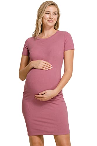 LaClef Women's Maternity Short Sleeve Bodycon Ribbed Dress