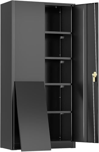 Incbruce 72” Metal Storage Cabinet with 2 Doors and 4 Adjustable Shelves, Tall Locking Steel Storage Cabinet with Lock for Home, Office, Warehouse, Garage (Black)