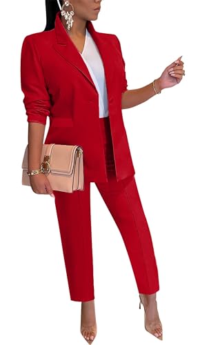 Conjunto de dos piezas para mujer, traje de trabajo casual de negocios, chaqueta y pantalones, trajes profesionales, 39-Rojo, XL
