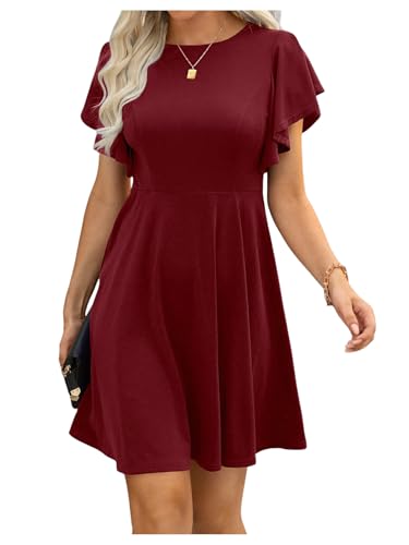 GORGLITTER Women's Ruffle Swing Flared Mini Dress Round Neck Cap Sleeve Plain Casual Short Dress Plain Redwood Small