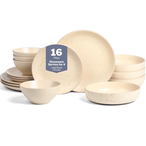 Image of Stone Lain Lauren Modern Stoneware 16-piece Round Dinnerware Set, Plates and Bowls Set, Dish set for 4, Beige