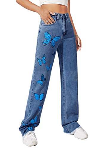 ORANDESIGNE Y2K Trendy Slim Slim Ripped Jeans Cintura Alta Pantalones de Pierna Recta Mujeres Jeggings Denim Jean Legging Damas Q Azul Oscuro M