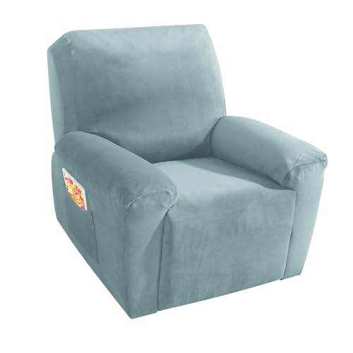 MAXIJIN Velvet 4 Piece Recliner Cover Stretch Plush Soft Recliner Chair Covers Thick Soft Reclining Chair Slipcovers Furniture Protector with Side Pocket for Kids, Pets (Dusty Blue)