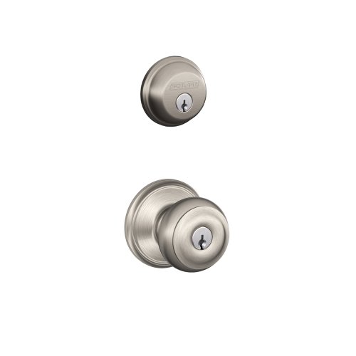 SCHLAGE Satin Nickel FB50N V GEO 619 B60 Single Cylinder Deadbolt and F51 Entry Georgian Knob Keyed Alike, Finish, Security Set