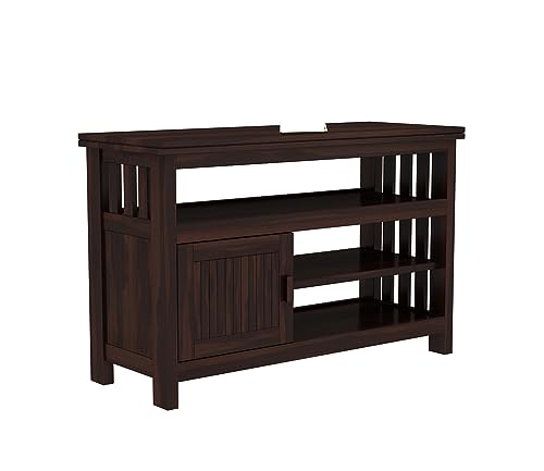 Image of Premium Solid Sheesham Wood TV Unit with 3 Shelves and 1-Door Storage for up to 45-inch TV - Elegant Living Room Furniture (Brewer, Walnut Finish)
