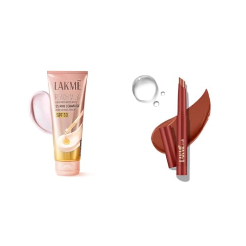 Image of Lakme Peach Milk Sunscreen Moisturiser SPF 50 PA with 2% Pro-Ceramides Peptides Lakme 9 to 5 Forever Matte Lip Crayon, Balance Brown 1.1g