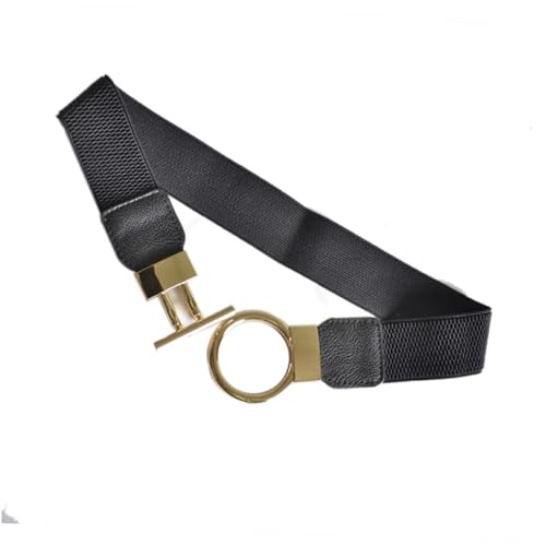 Hemoton PU Wide Elastic Waist Cinch Belt for Women with Golden Round Pin Buckle Solid Stretch Waistband Fashion Accessory for Dresses Jeans Trousers Black3