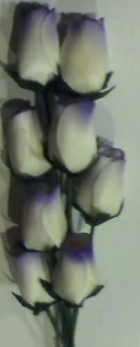 Realistic Bouquet of 8 Wire Stem Ivory & Purple Roses in Cellophane Sleeve - So Realistic It Is Hard to Believe They Are Made From Thin Shaved Wood!