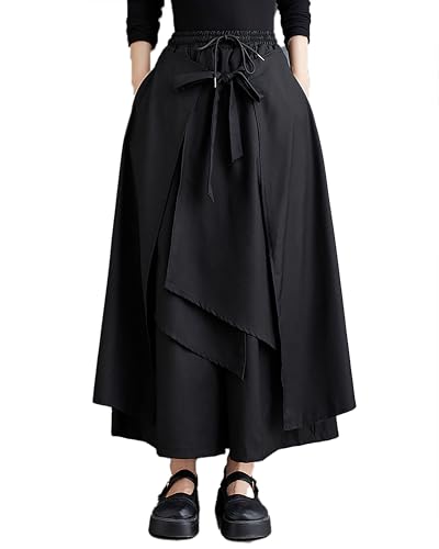 ellazhu Women's Skirt Pants Solid Elastic Waist Two Side Pockets Asymmetrical Hem Casual Baggy Loose GZ430 A2