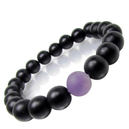 OPAL_WORLD Pulsera elástica de ónix mate natural con amatista de 8 mm, forma redonda, corte suave, para hombres y mujeres. |OP_STRETCH_05572, 6.5 INCH (16.50 CM), Gema, Ónix mate con amatista