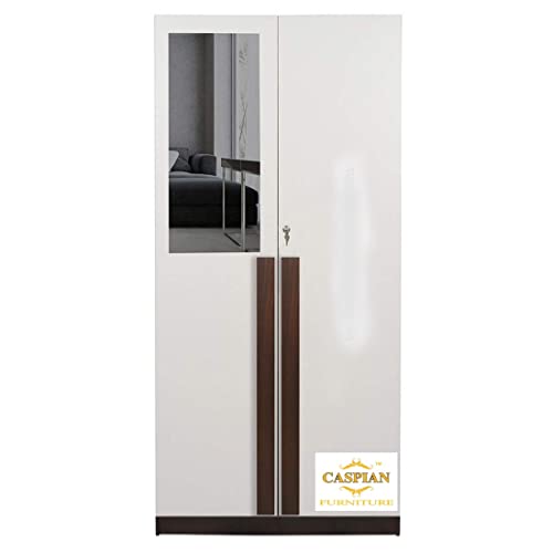 Image of CASPIAN Furniture 2 Door Wardrobe with Shelves, Drawer, Hanging Space and Mirror Attached | Wooden Wardrobe for Bedroom Storage (Walnut, Width 30 Inches)