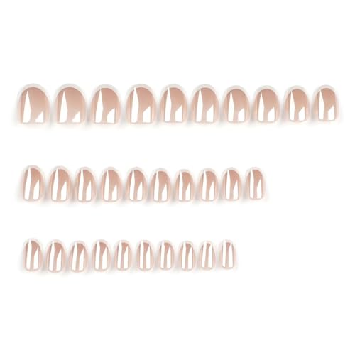 Image of 30Pcs Chrome Press on Nails Short Almond Fake Nails Glossy False Nail with Design White French Tip Glue on Nails Artificial Acrylic Full Cover Stick on Nail for Women Nail Art Decoration